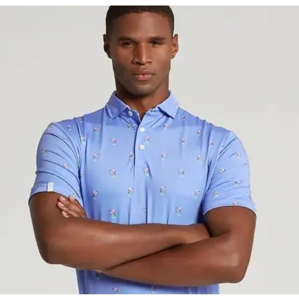 RLX Ralph Lauren Mens Flamingo Fishing Print Performance Golf Polo Shirt Blue M